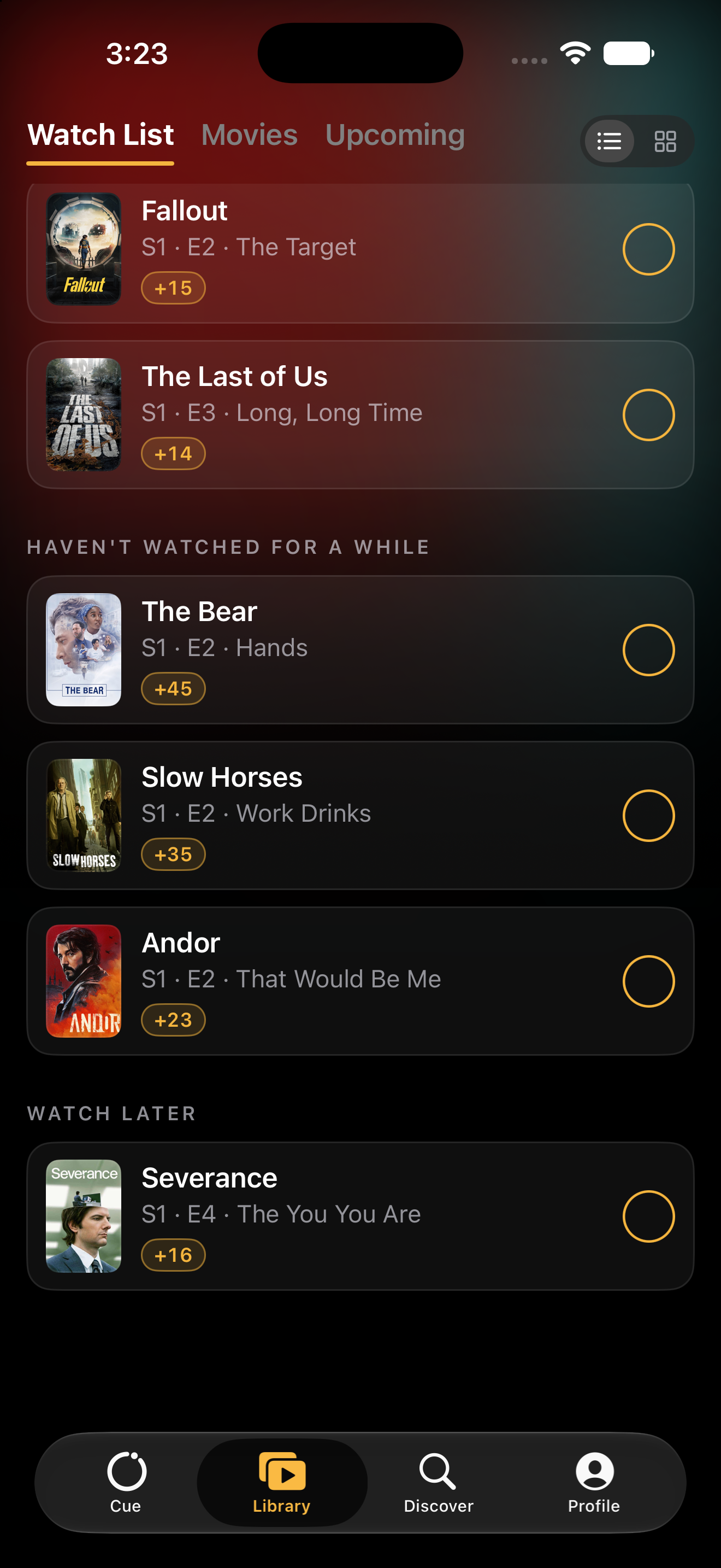 Marquee Library with current episodes, waiting titles, and watch-later history