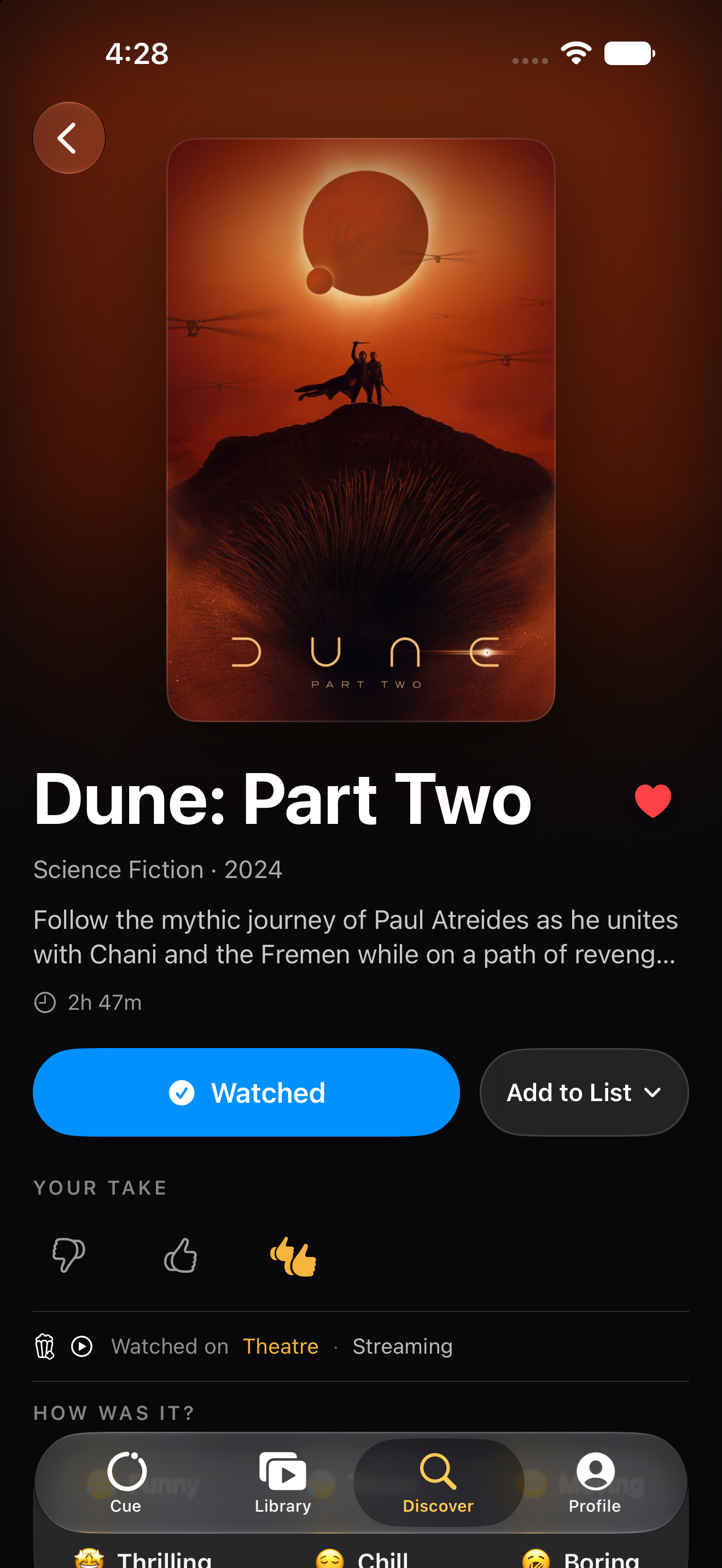 Dune: Part Two in Marquee with watched status, reaction, and viewing context